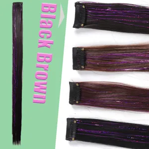 Extension de cheveux synthétique 60cm détail, mèches lisses avec tinsel métallique et clips.