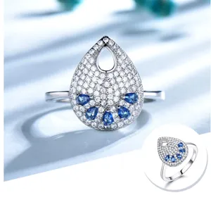 Eleganter 925 Silber Tropfen Zirkonia Ring blauer Kristall Damen Schmuck Accessoire.