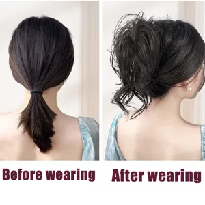 Details of synthetic messy hair bun claw clip extension showing before and after wearing effect.