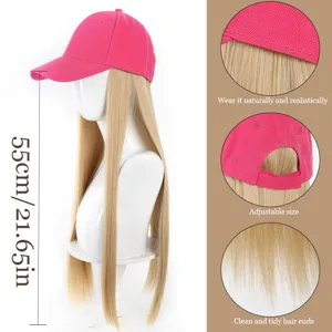 Fashion Women Baseball Cap With Long Straight Synthetic Hair Integrated Adjustable Breathable Wig Hat For Daily Wear Outdoor