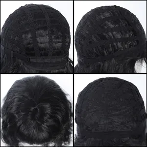 Detailed view of the synthetic short wavy wig inner cap structure and natural top parting.