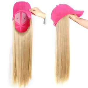 Synthetic long straight hair wig baseball cap pink hat extension daily wear fashion casual stylish