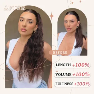 Vue détaillée de l'extension de cheveux ondulée montrant la transformation du volume.