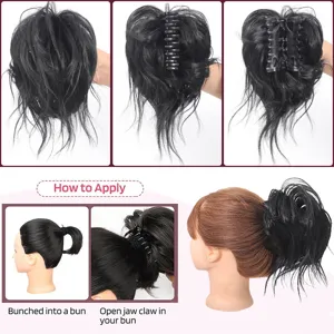 Synthetic hair claw clip bun hair extension, messy short ponytail styling details.