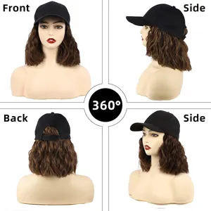 Baseball cap with short wavy brown wig, multi-angle view showing front, side and back style.
