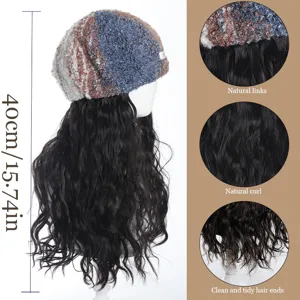 Synthetic wig with beret hat 40cm long curly hair rainbow color fashion daily wear