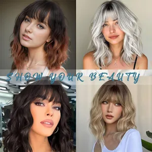 Detailed view of synthetic short wavy bob wig with bangs and gradient color. Natural looking hair part.