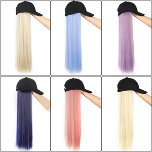 Baseball cap with long straight hair synthetic wig hat, multi-color fashion hair extensions.