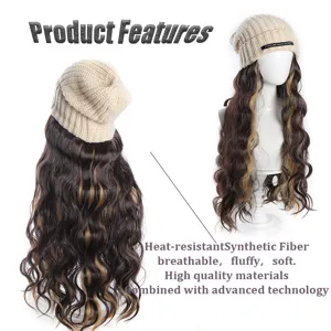 Synthetic long wavy curly hair wig with knitted beanie hat for daily fashion wear.