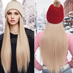 Winter warm knit beanie hat with long straight hair wig 55cm fleece lined pompom hat for women.
