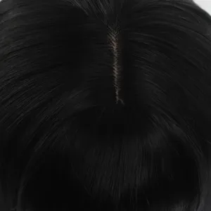 Close-up detail of black long straight synthetic wig showing realistic scalp parting design.