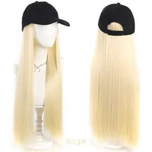Detail view of synthetic long straight blonde hair baseball cap wig, showing dual angles.