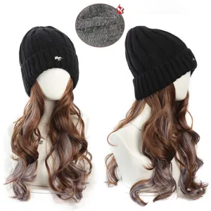 Winter warm knitted beanie hat paired with long curly synthetic wavy wig hairpiece for women