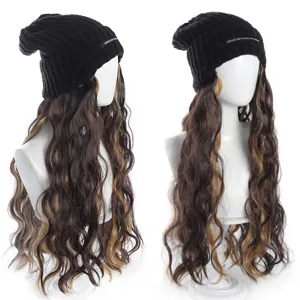 Long curly synthetic wig hat with black knitted beanie, wavy highlighted hair detail view.