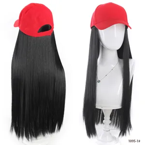 Red baseball cap with long straight black hair wig, synthetic hair piece for fashion daily.