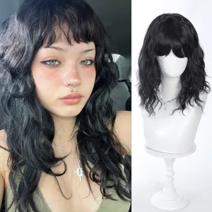 Synthetic black wavy short wig with bangs, natural parting bob style for daily use.