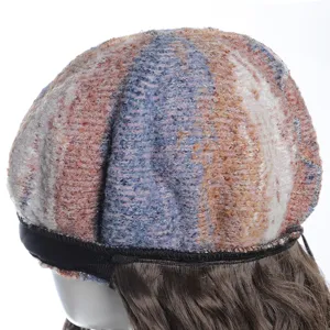 Rainbow oil painting knit beret with long curly synthetic wig, detailed back view.