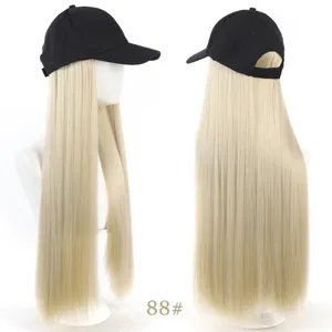 Long straight blonde hair baseball cap wig detail view, synthetic hair and black hat.