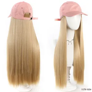 Detail shot of a trendy pink baseball cap with long straight blonde synthetic wig hair.