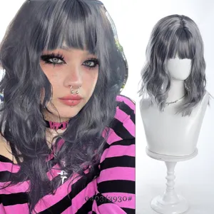 Synthetic short wavy wig with bangs gradient grey bob 35cm natural parting hair piece