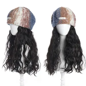 Rainbow Oil Painting Beret Integrated Wig Hat 40cm Long Curly Corn Silk Synthetic Hairpiece For Women