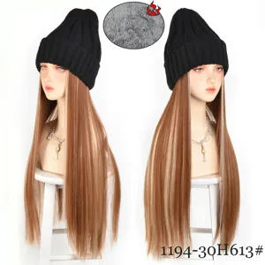 Detailed view of the winter warm fleece-lined knitted hat with long straight hair wig.