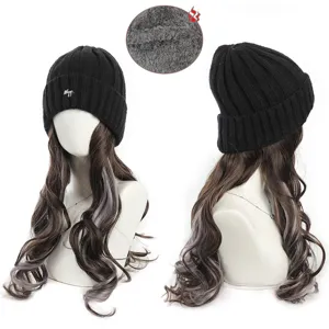 Detailed shot of black knit beanie and wavy synthetic wig combo featuring cozy fleece inner lining.