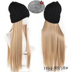 Long straight blonde hair wig with black knit beanie hat, fleece lined winter warm detail.