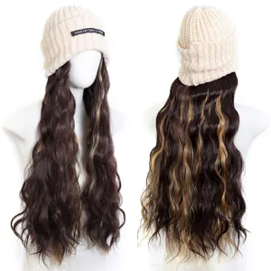 Long wavy wig hat with knitted beanie and highlighted synthetic hair for women detail view