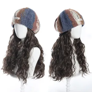 Rainbow oil painting beret with long curly synthetic wig hat, fashionable 40cm hair piece.