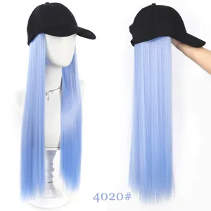 Detailed view of long straight blue hair wig cap, fashion synthetic baseball cap for women.