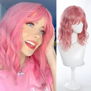 Pink short wavy bob wig detail, natural parting synthetic hair close-up display shot.