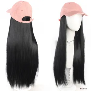 Fashionable pink baseball cap with long straight black hair wig piece, natural look and breathable design.