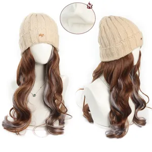 All-in-one knitted beanie hat with long wavy synthetic wig, autumn winter warm thermal lining.