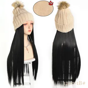 Winter warm knitted hat with long straight hair wig, fleece lined pompom beanie for women.