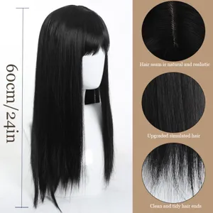 Women Black Long Straight Synthetic Wig With Blunt Bangs Heat Resistant Fiber Machine Made Full Head Wig For Cosplay Party