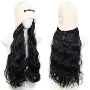 Long curly synthetic wig with knitted beanie hat, two-piece combo, natural wave style.