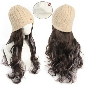 Synthetic long wavy highlighted wig with knit beanie hat, warm winter 2-in-1 design.