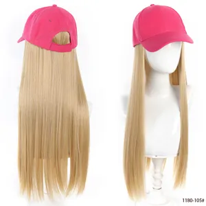 Pink baseball cap with long straight blonde synthetic hair wig attached for daily use.