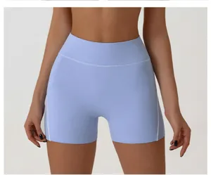 High waist yoga shorts detail view, seamless tight fit fitness activewear for women workout.