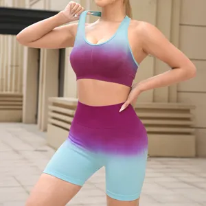 Gradient yoga set for women, athletic sports bra and high waist fitness shorts activewear.