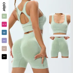 Women Seamless Sand Washed Yoga Set Ribbed Activewear High Waist Butt Lift Workout Top And Bottom Gym Fitness Sportswear
