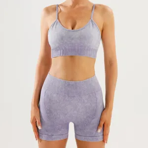Conjunto de yoga deportivo sin costuras con sujetador deportivo y shorts talle alto fitness.
