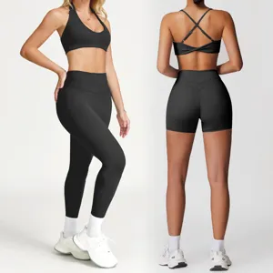 Damen sportbekleidung set schwarzer sport-bh und hohe taille leggings für fitness workout.