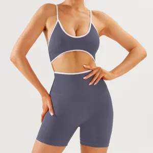 Women sports yoga set grey crop top high waist shorts fitness workout activewear details