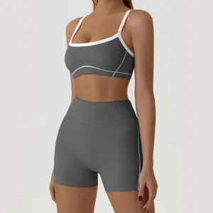 Detailed view of the gray backless sports bra and high-waist shorts set for fitness and yoga.
