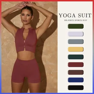 Γυναικείο Ribbed Φερμουάρ Όρθιος Γιακάς Aμανικό Crop Top και Bottom Fitness Yoga Σετ Activewear Tracksuit