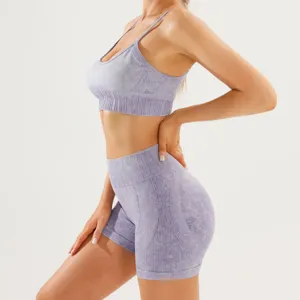 Conjunto de yoga fitness sin costuras para mujer sujetador deportivo y pantalones cortos