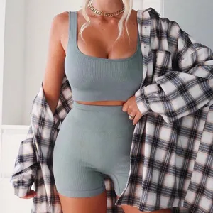 Nahaufnahme des nahtlosen gerippten Yoga Crop-Tops und Shorts Sportsets in Salbeigrün.