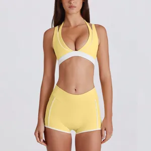 Set van halter sportbeha en hoge taille fitness shorts activewear yoga outfit geel